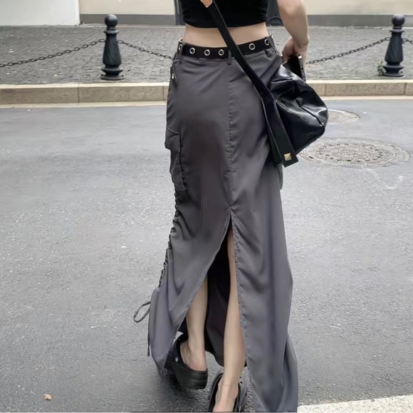 Women Cargo Midi Skirt Gray Medium M Slit Back Pocket Cargo Drawstring Slit - Picture 3 of 16